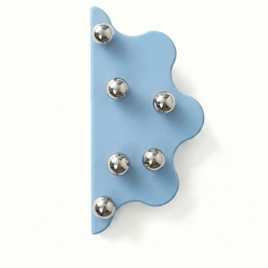 Puxador para móveis Mare 200 com borda azul de aço e bolinhas prateadas escovadas